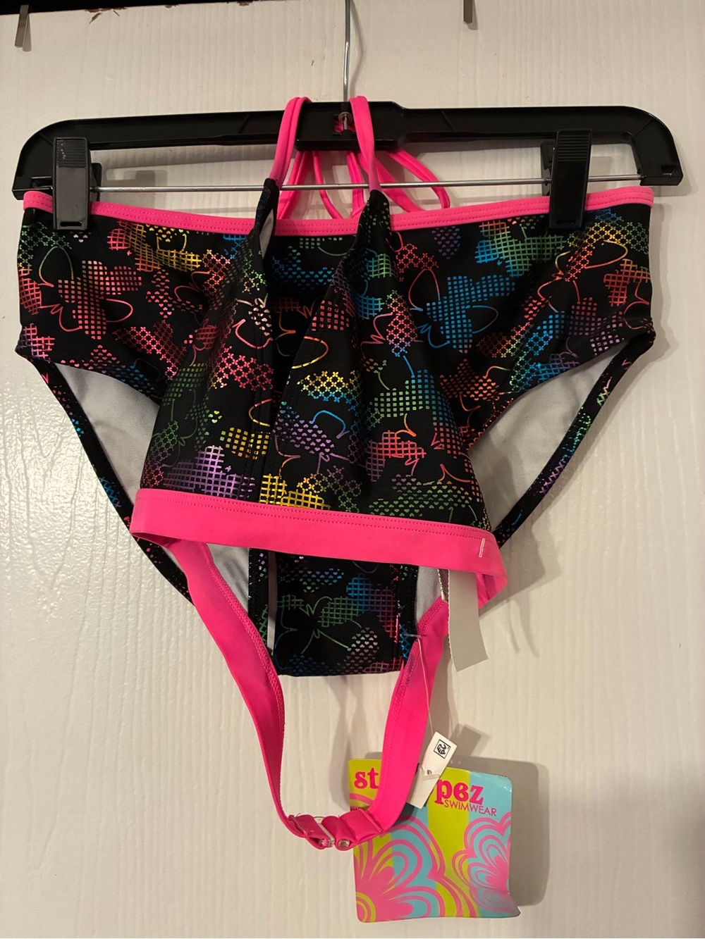St. Tropez Black Micky Mouse pattern Swim Bikini Bottoms with Neon Pink Trim